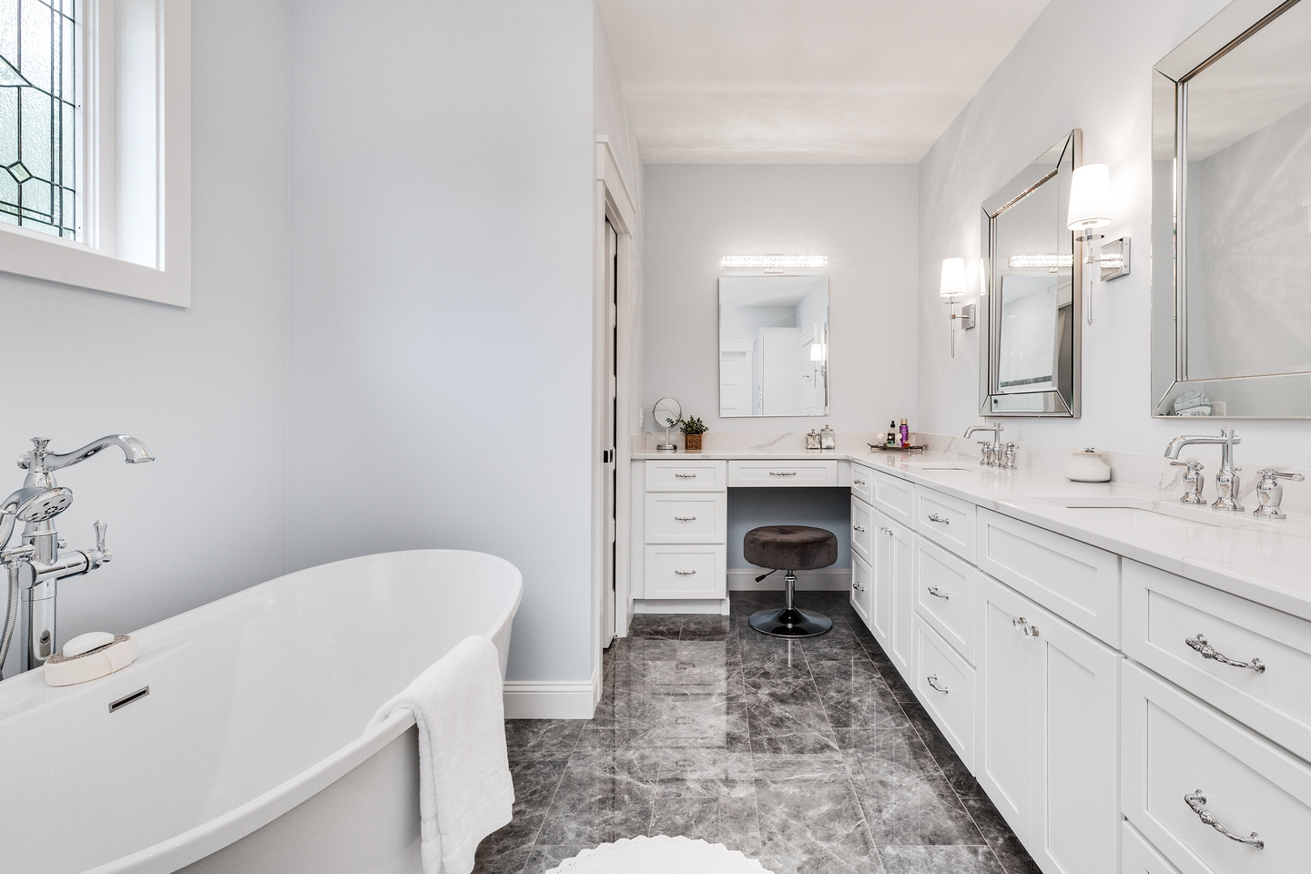 Primary bathroom vanity cabinetry by Plaistow Cabinet